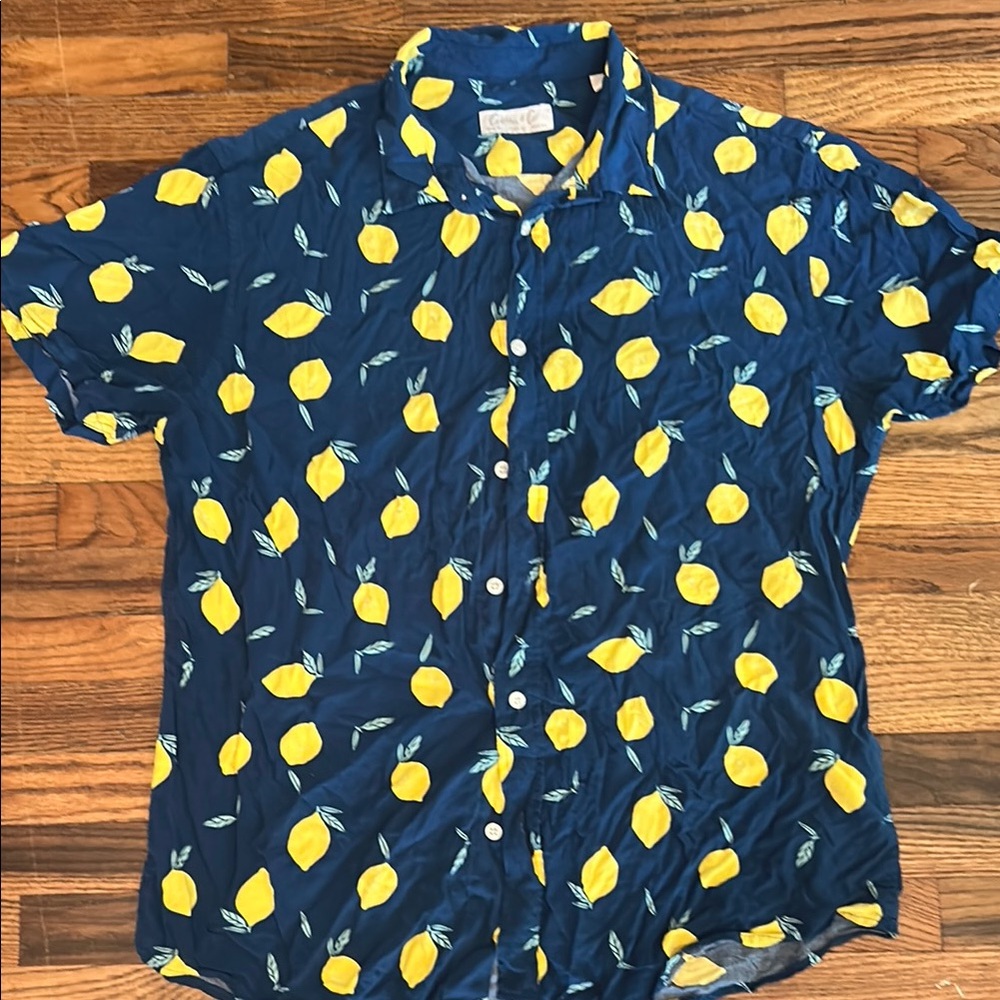 Blue and Yellow Lemon Print Casual Button Down Shirt